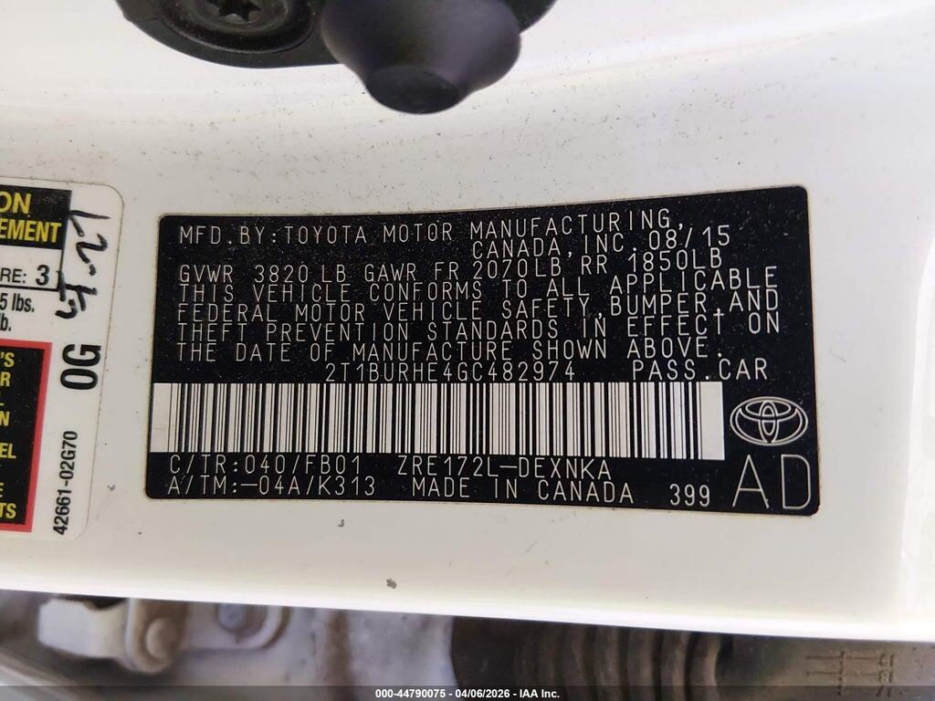 2T1BURHE4GC482974 2016 TOYOTA COROLLA photo no. 9