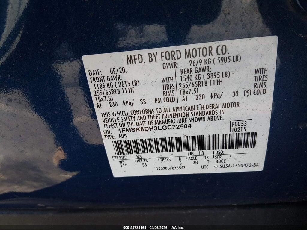 1FMSK8DH3LGC72504 2020 FORD EXPLORER photo no. 9