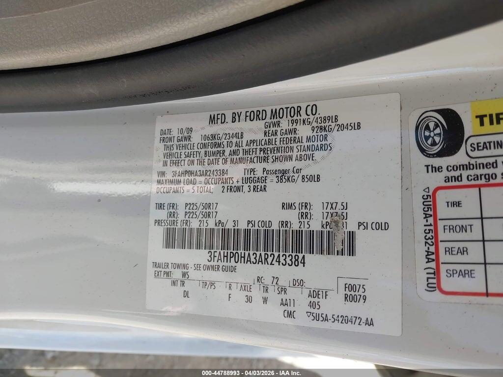 3FAHP0HA3AR243384 2010 FORD FUSION photo no. 9