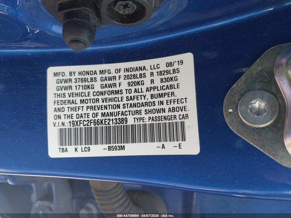 19XFC2F66KE213389 2019 HONDA CIVIC photo no. 9