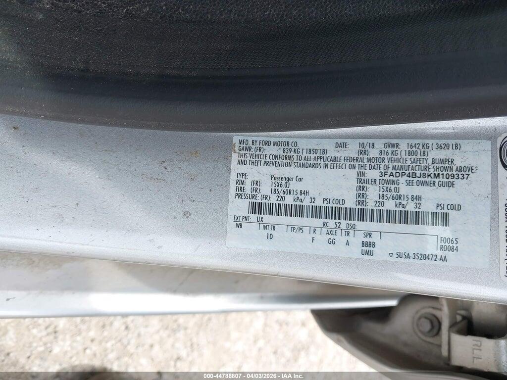 3FADP4BJ8KM109337 2019 FORD FIESTA photo no. 9