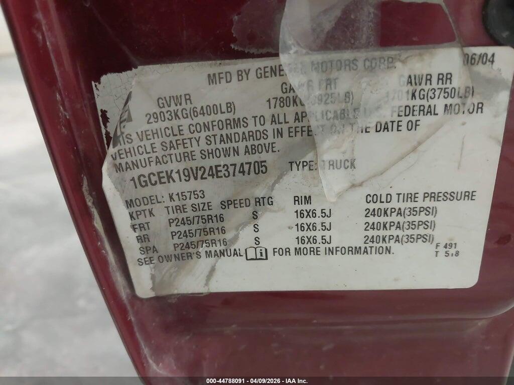 1GCEK19V24E374705 2004 CHEVROLET SILVERADO 1500 photo no. 9