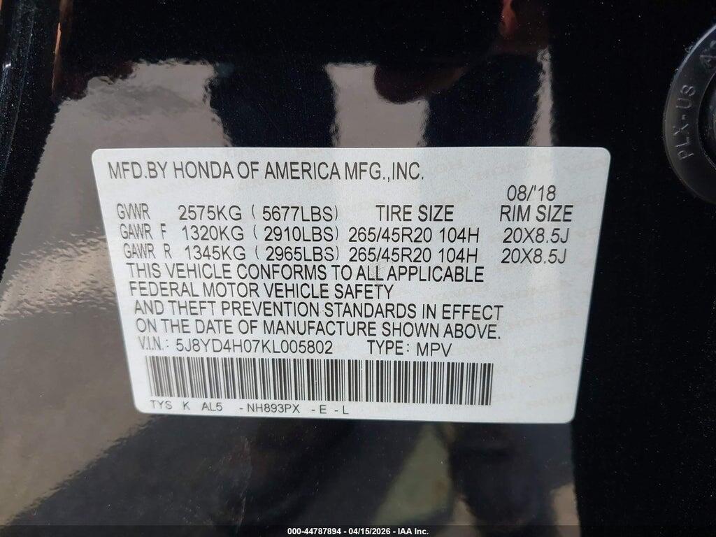 5J8YD4H07KL005802 2019 ACURA MDX photo no. 9