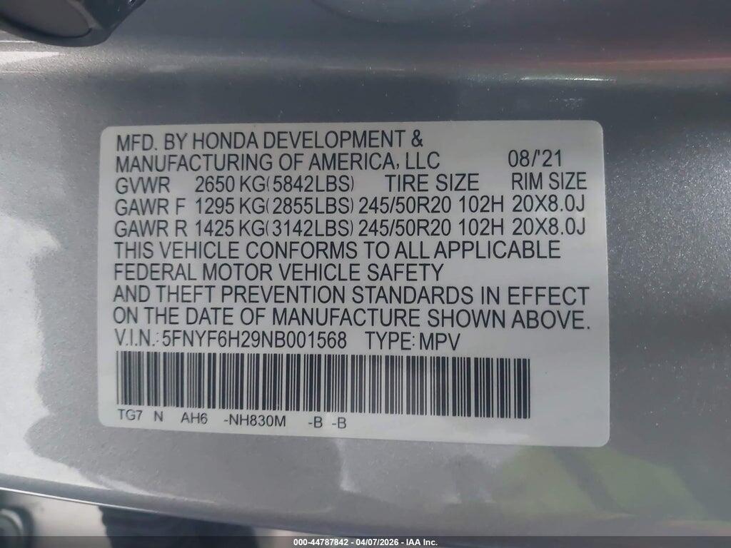 5FNYF6H29NB001568 2022 HONDA PILOT photo no. 9