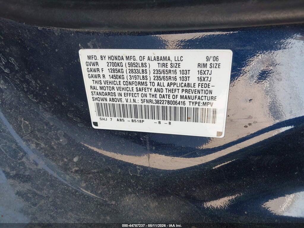 5FNRL38227B006416 2007 HONDA ODYSSEY photo no. 9