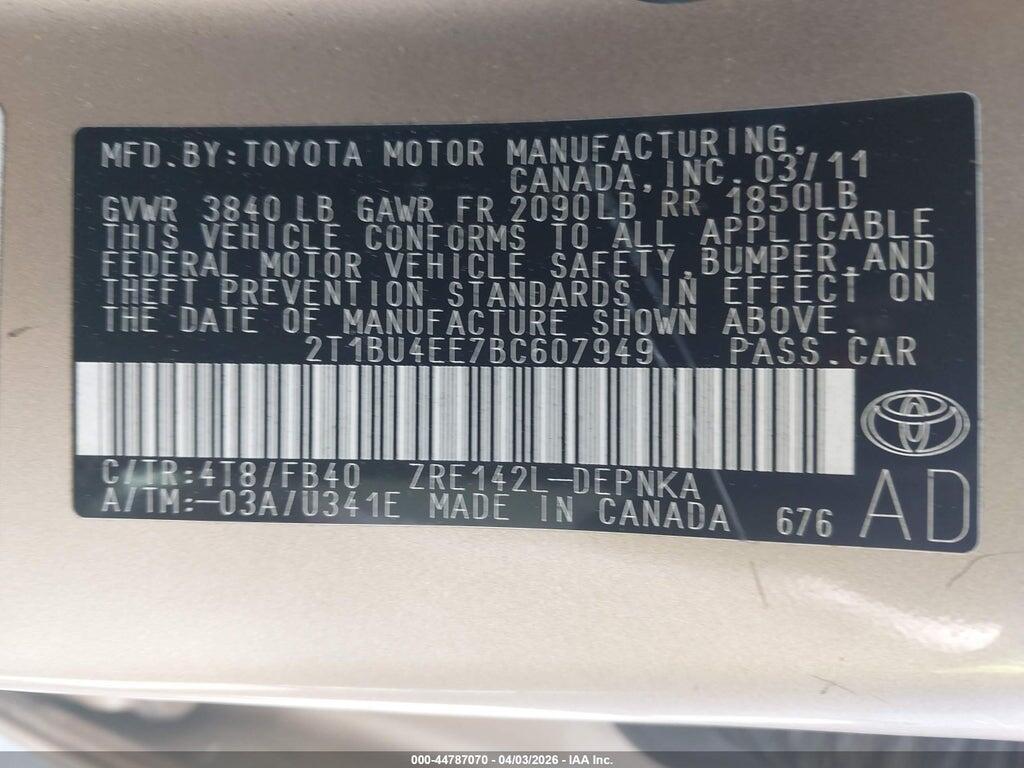 2T1BU4EE7BC607949 2011 TOYOTA COROLLA photo no. 9