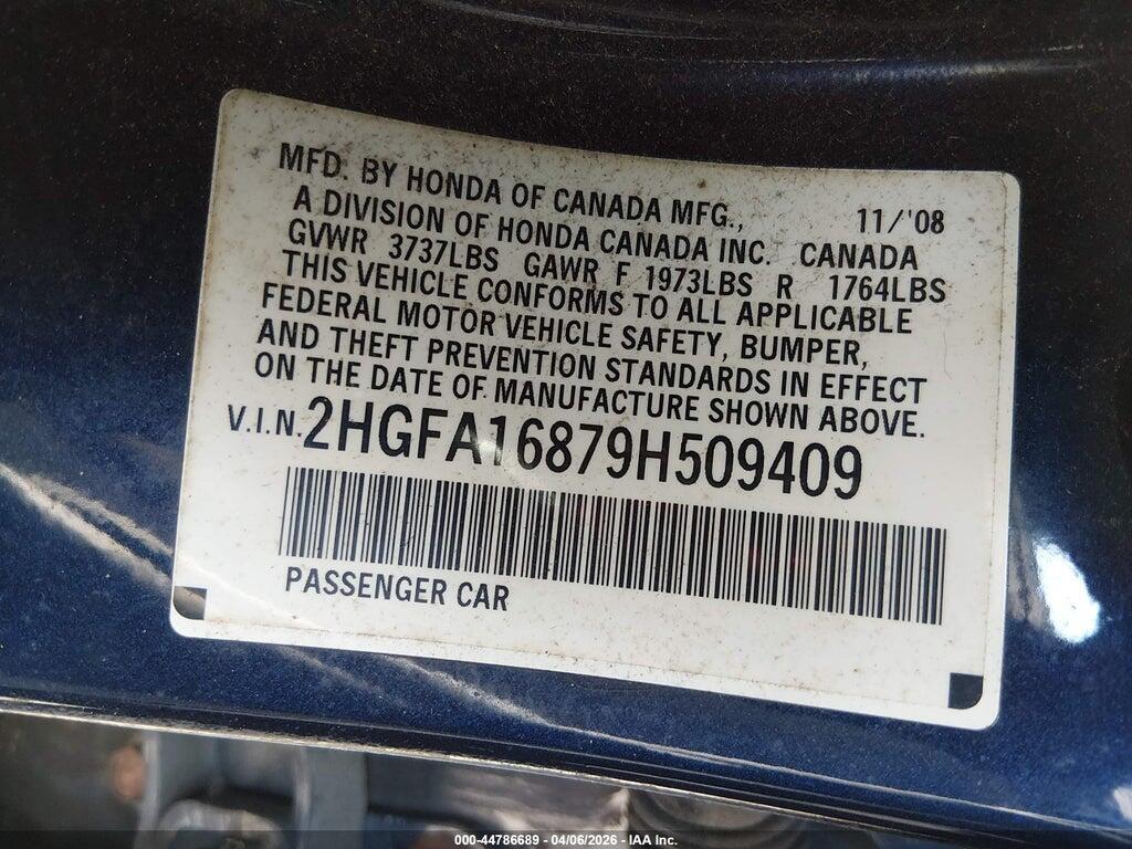 2HGFA16879H509409 2009 HONDA CIVIC photo no. 9