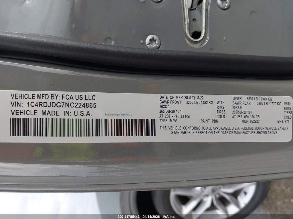 1C4RDJDG7NC224865 2022 DODGE DURANGO photo no. 9