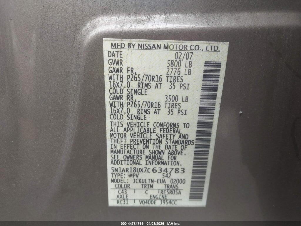 5N1AR18UX7C634783 2007 NISSAN PATHFINDER photo no. 9