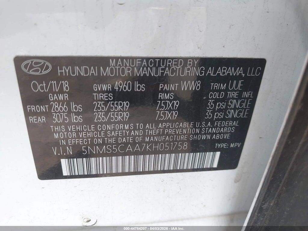 5NMS5CAA7KH051758 2019 HYUNDAI SANTA FE photo no. 9