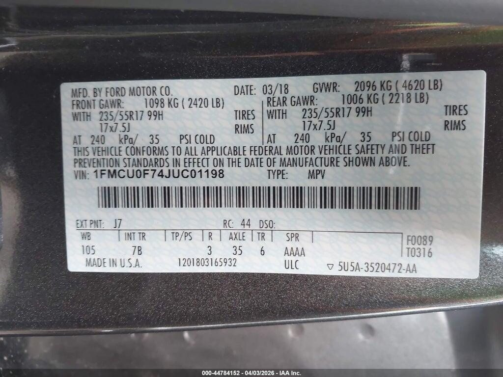 1FMCU0F74JUC01198 2018 FORD ESCAPE photo no. 9