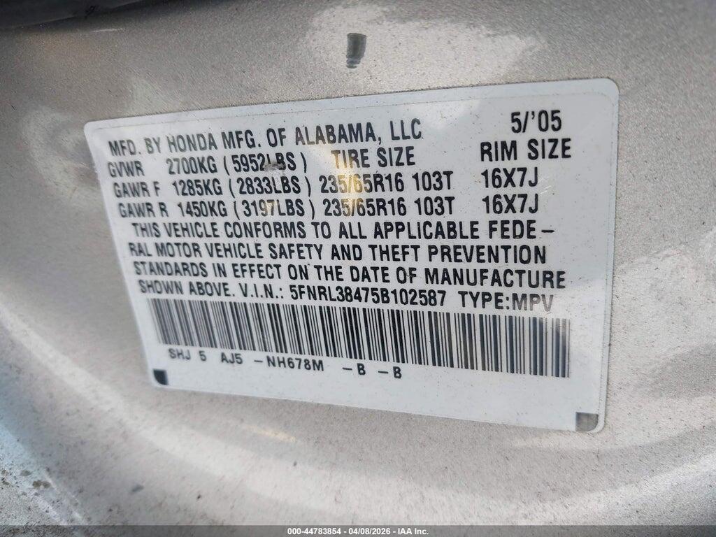 5FNRL38475B102587 2005 HONDA ODYSSEY photo no. 9