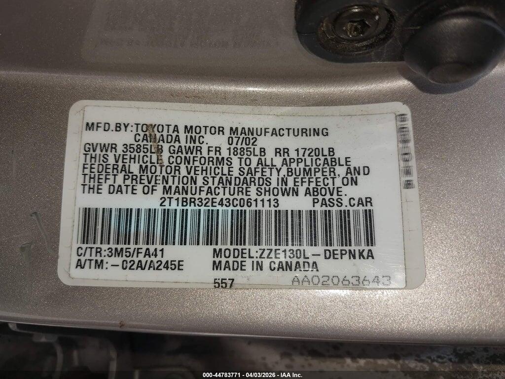2T1BR32E43C061113 2003 TOYOTA COROLLA photo no. 9