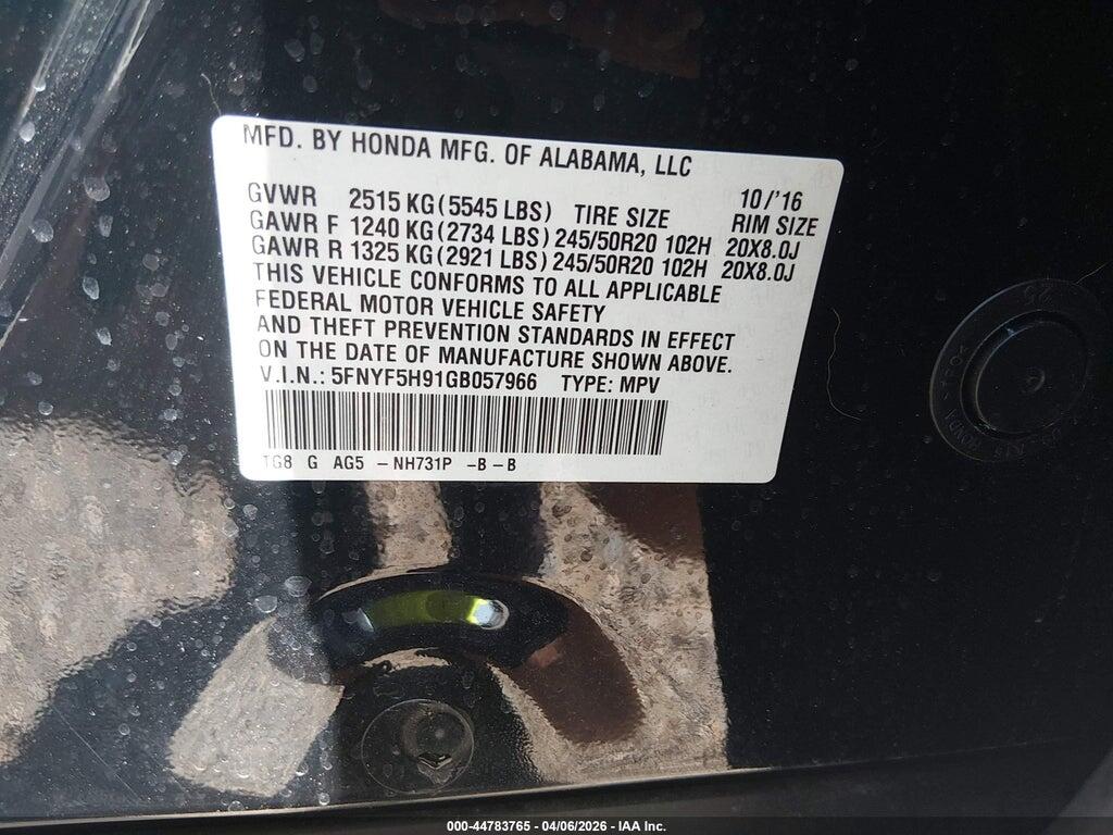 5FNYF5H91GB057966 2016 HONDA PILOT photo no. 9