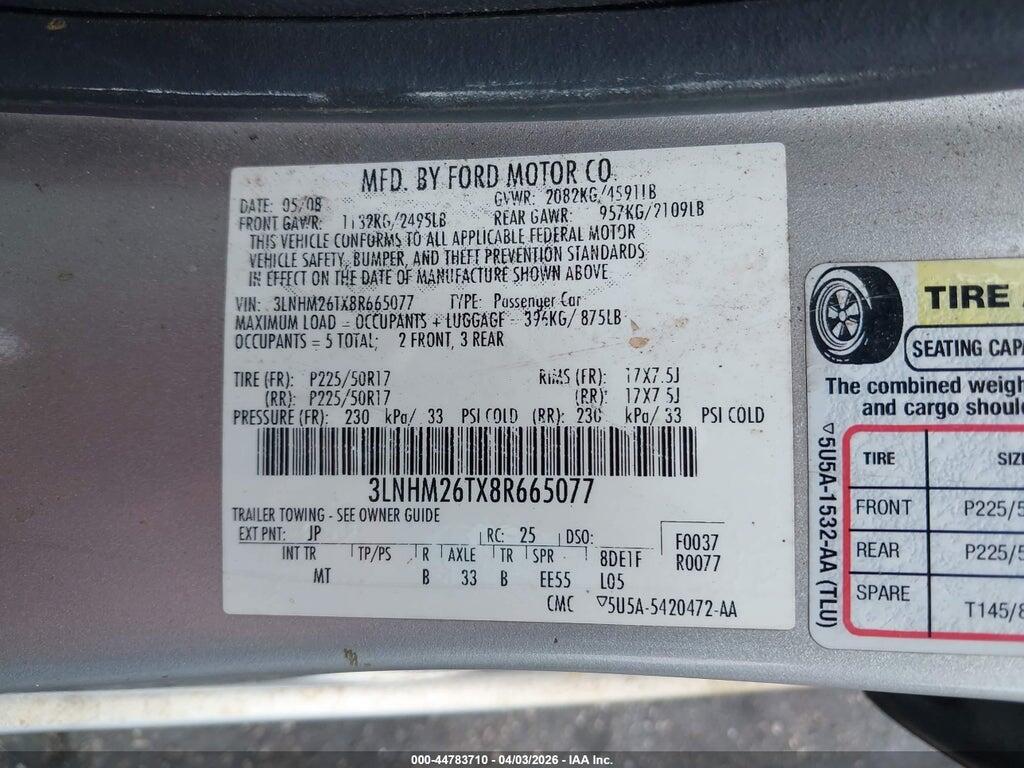 3LNHM26TX8R665077 2008 LINCOLN MKZ photo no. 9