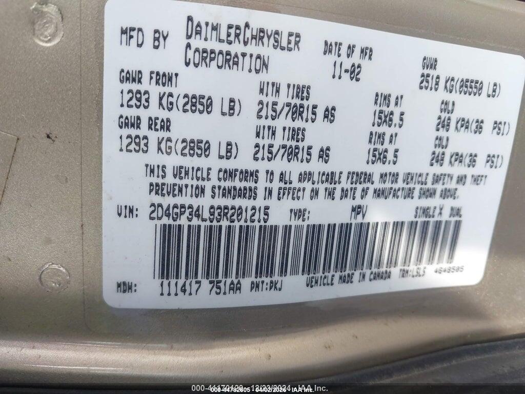 2D4GP34L93R201215 2003 DODGE GRAND CARAVAN photo no. 9