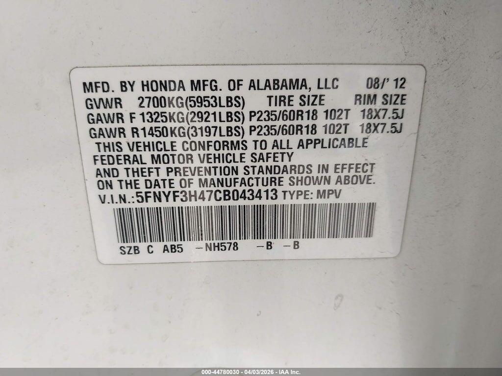 5FNYF3H47CB043413 2012 HONDA PILOT photo no. 9