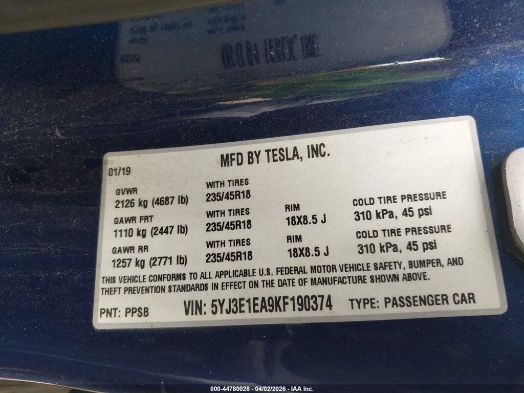5YJ3E1EA9KF190374 2019 TESLA MODEL 3 photo no. 9