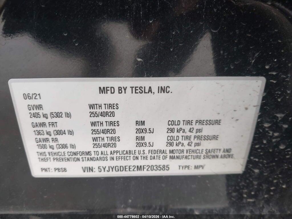 5YJYGDEE2MF203585 2021 TESLA MODEL Y photo no. 9