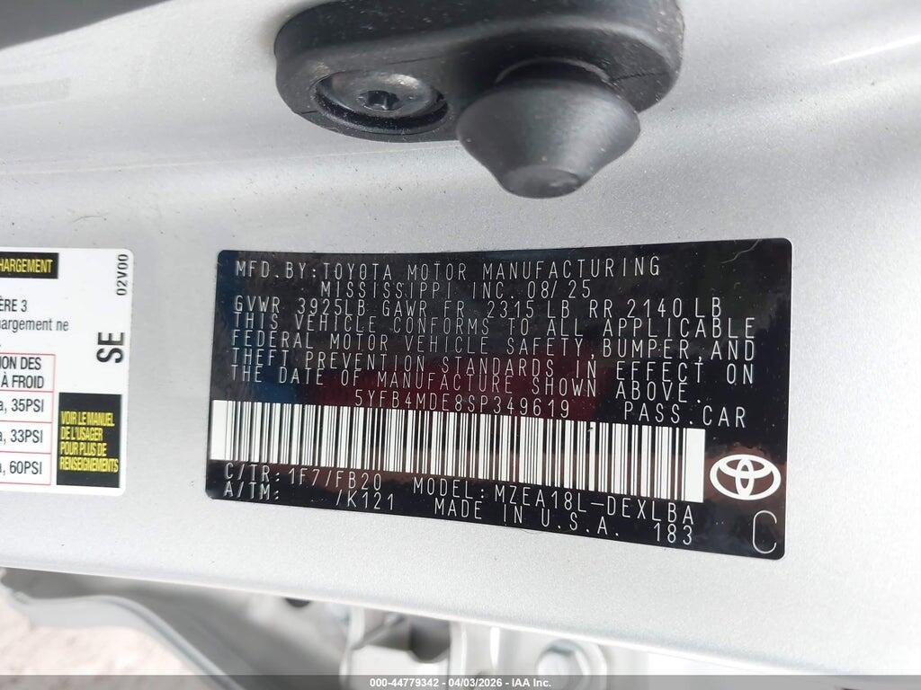 5YFB4MDE8SP349619 2025 TOYOTA COROLLA photo no. 9