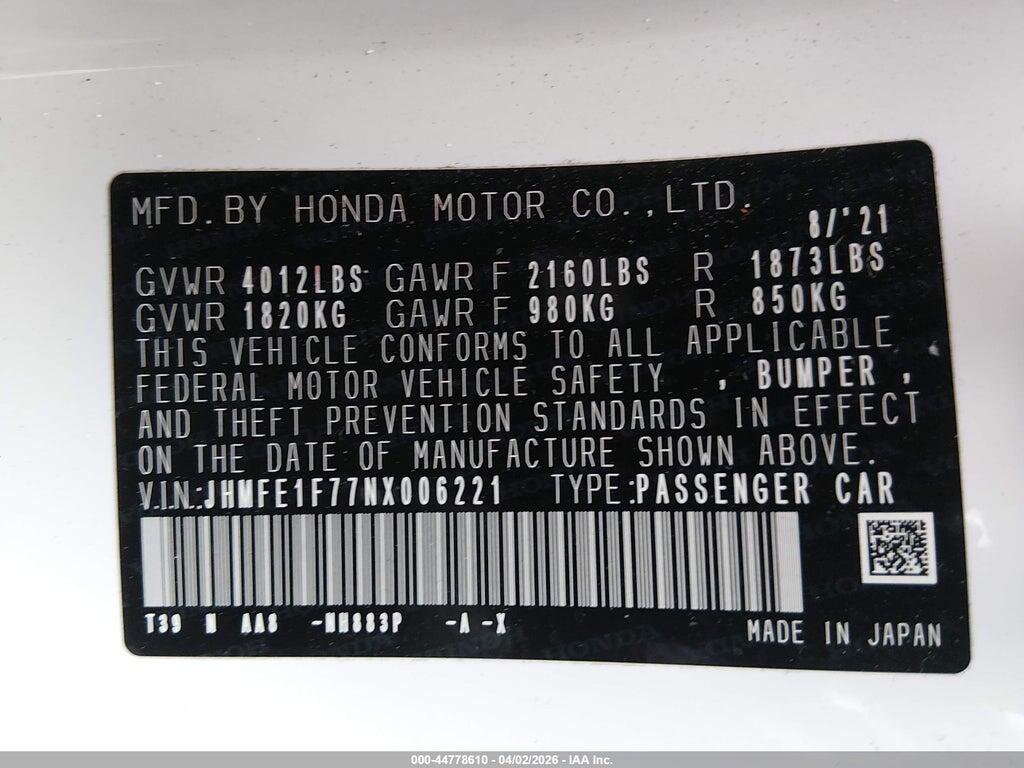 JHMFE1F77NX006221 2022 HONDA CIVIC photo no. 9