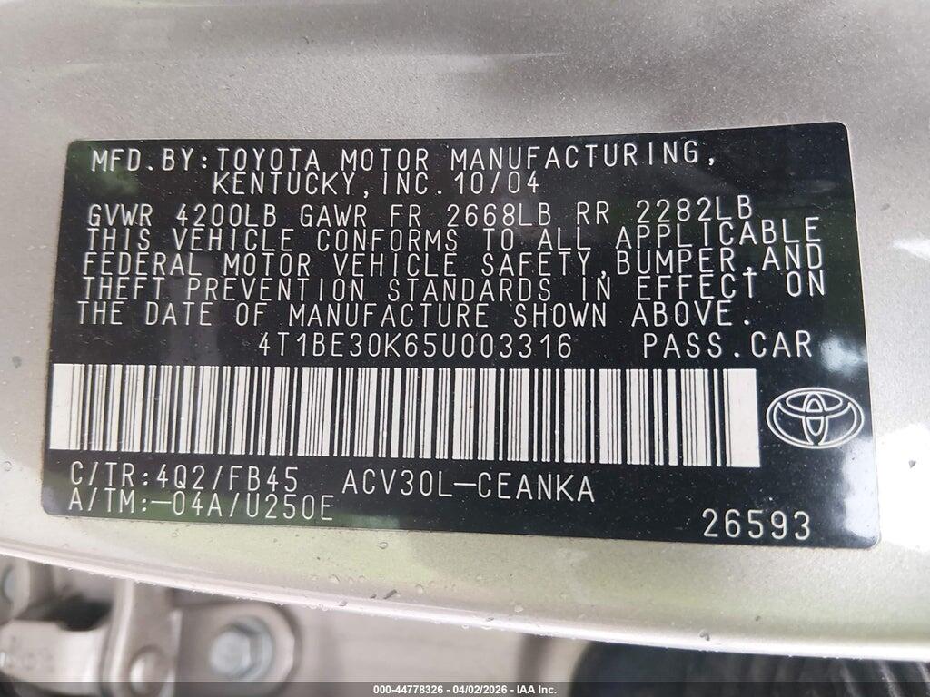 4T1BE30K65U003316 2005 TOYOTA CAMRY photo no. 9