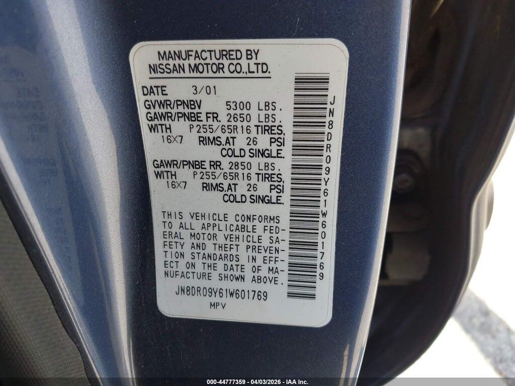 JN8DR09Y61W601769 2001 NISSAN PATHFINDER photo no. 9
