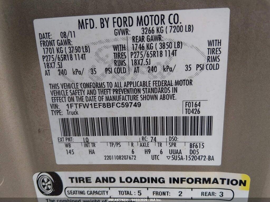 1FTFW1EF8BFC59749 2011 FORD F-150 photo no. 9