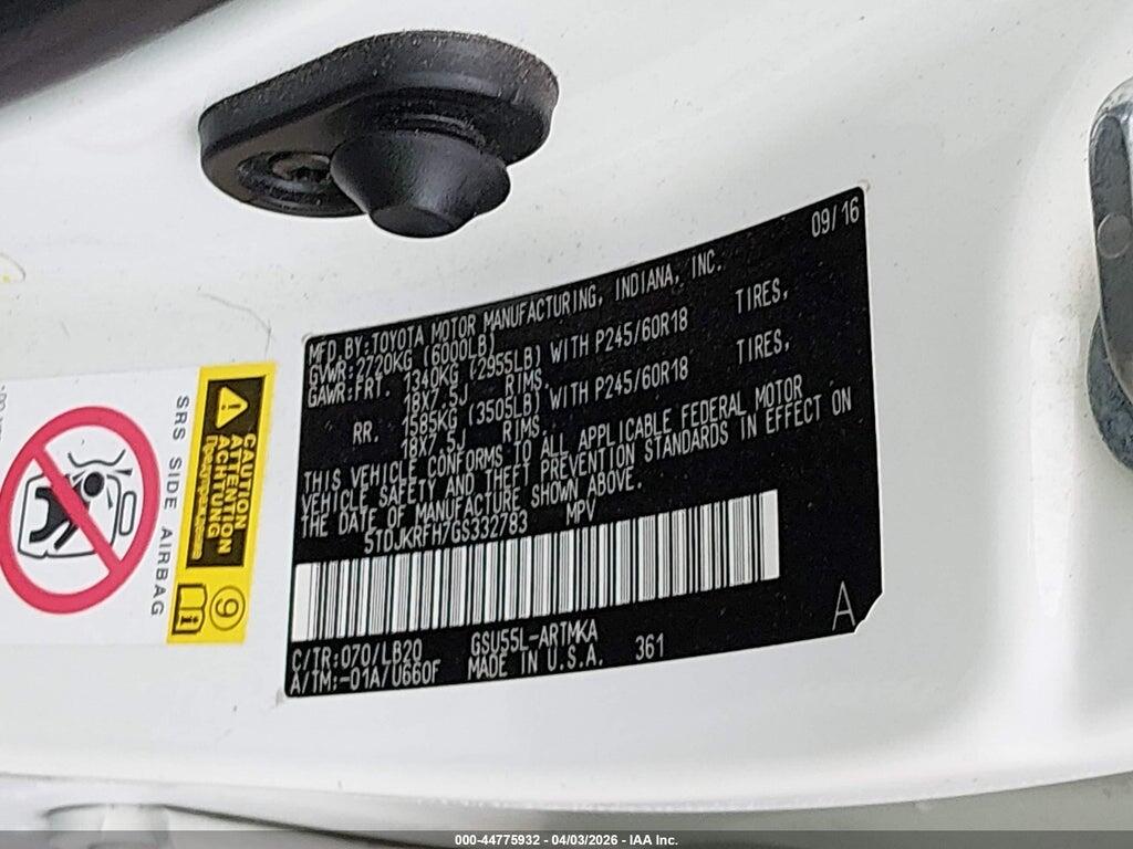 5TDJKRFH7GS332783 2016 TOYOTA HIGHLANDER photo no. 9