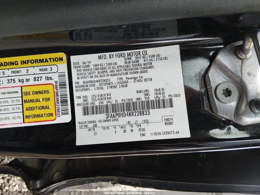 3FA6P0HD4KR228833 2019 FORD FUSION photo no. 9