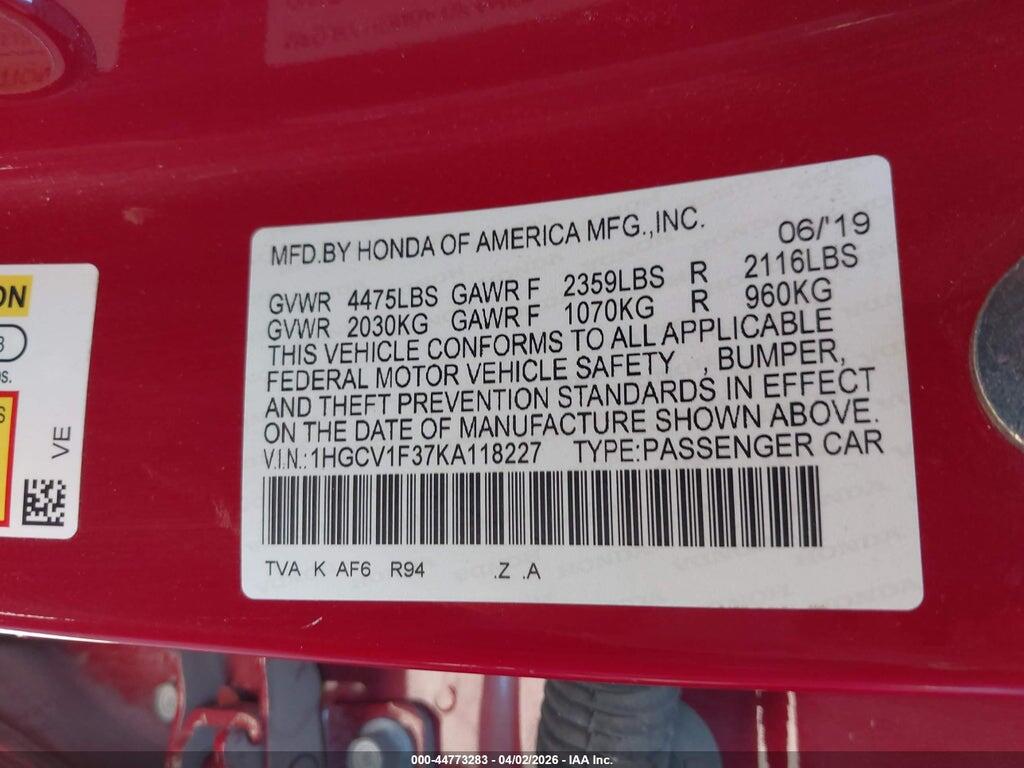 1HGCV1F37KA118227 2019 HONDA ACCORD photo no. 9