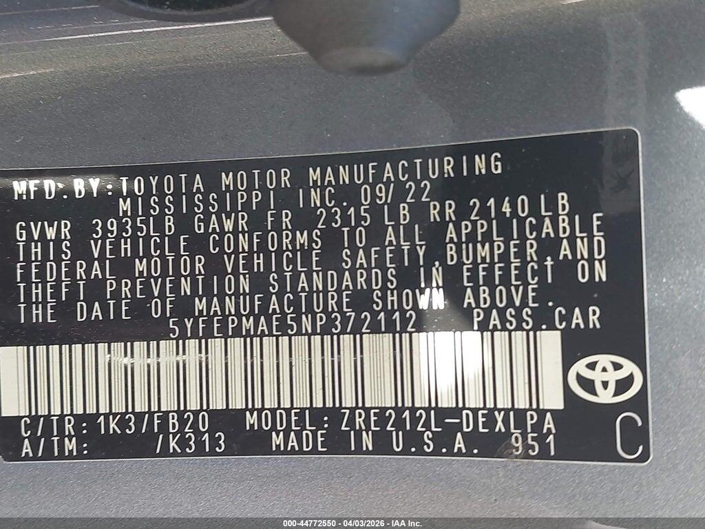 5YFEPMAE5NP372112 2022 TOYOTA COROLLA photo no. 9