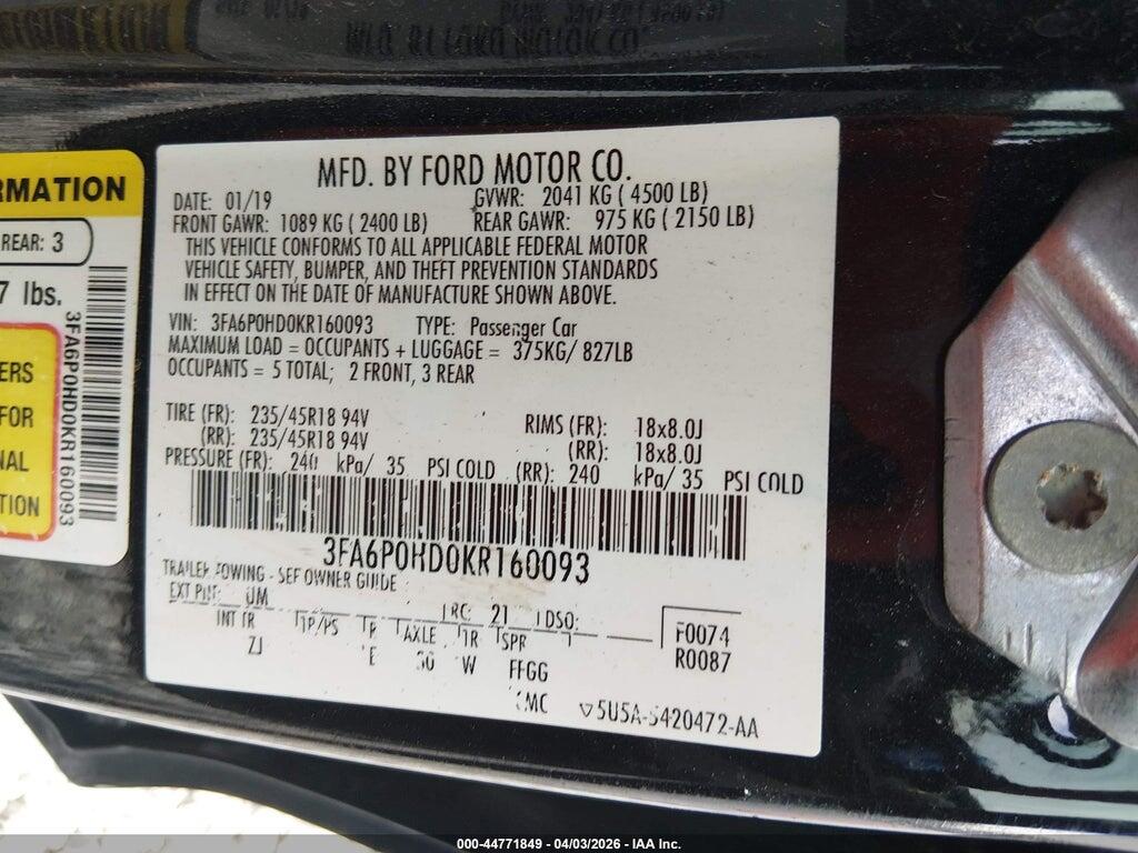 3FA6P0HD0KR160093 2019 FORD FUSION photo no. 9