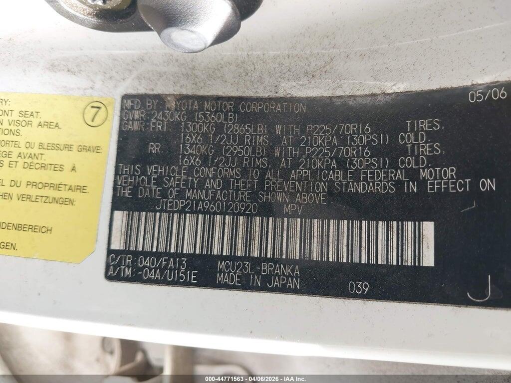 JTEDP21A960120920 2006 TOYOTA HIGHLANDER photo no. 9