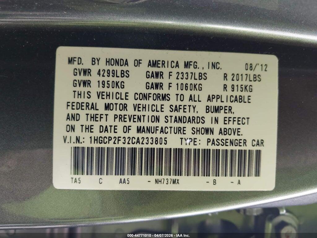 1HGCP2F32CA233805 2012 HONDA ACCORD photo no. 9