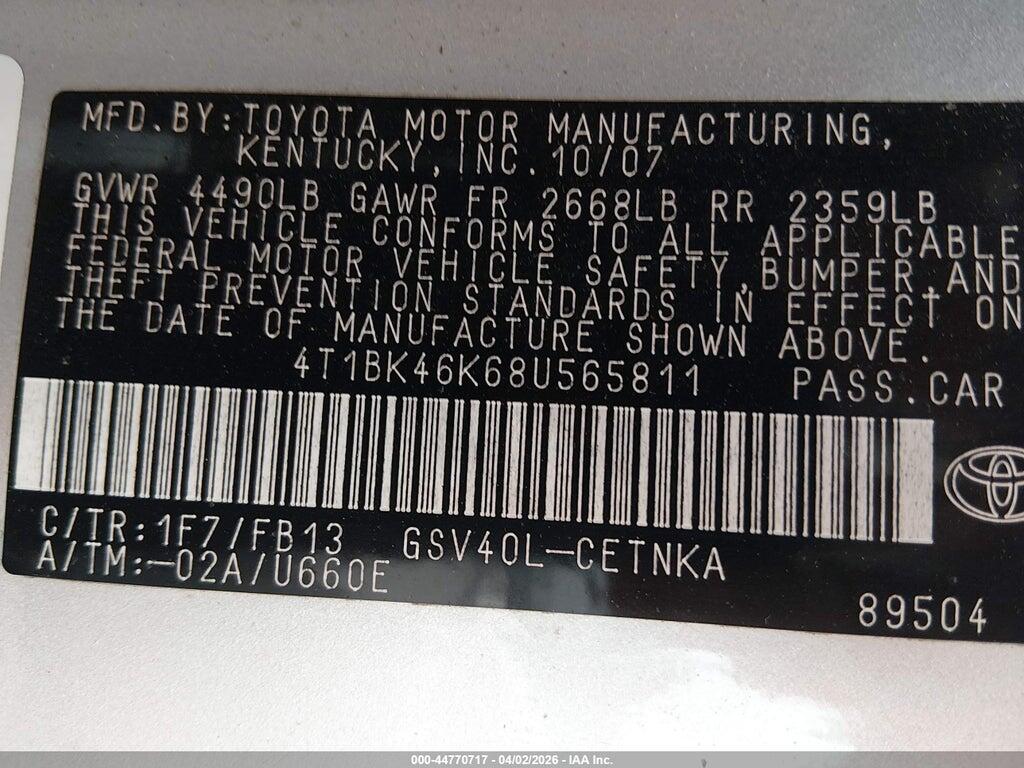 4T1BK46K68U565811 2008 TOYOTA CAMRY photo no. 9
