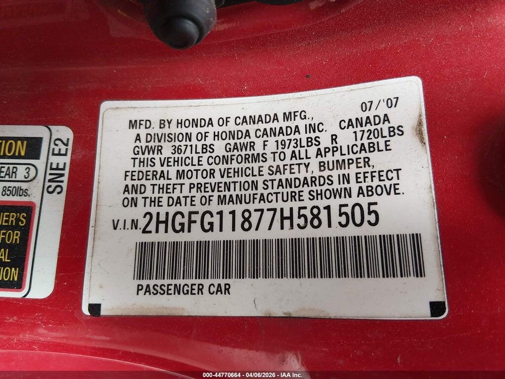 2HGFG11877H581505 2007 HONDA CIVIC photo no. 9
