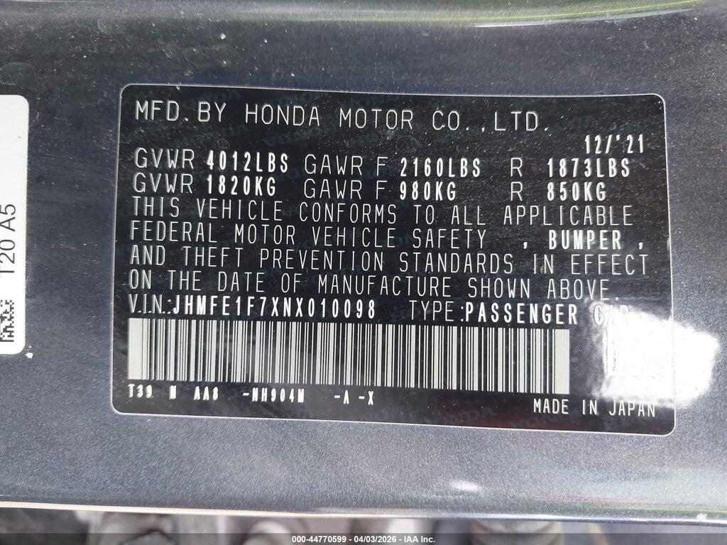 JHMFE1F7XNX010098 2022 HONDA CIVIC photo no. 9