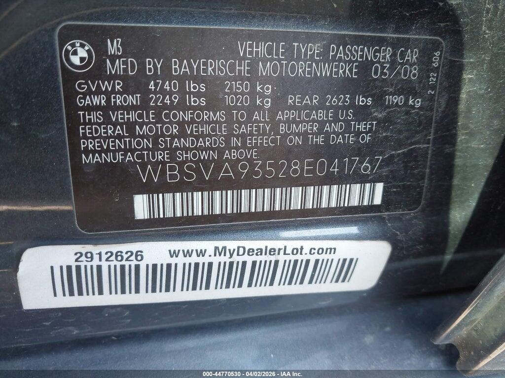 WBSVA93528E041767 2008 BMW M3 photo no. 9