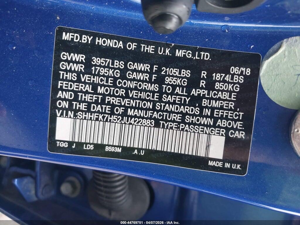 SHHFK7H52JU422883 2018 HONDA CIVIC photo no. 9