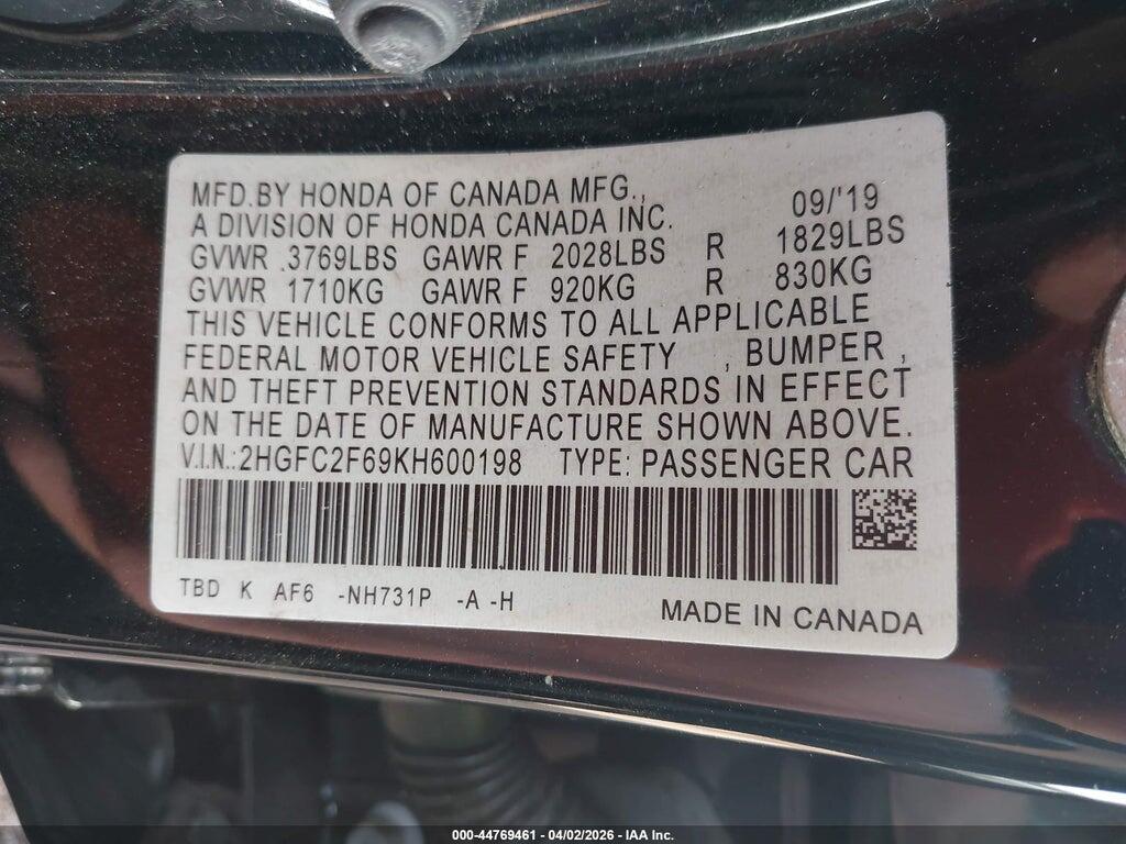 2HGFC2F69KH600198 2019 HONDA CIVIC photo no. 9