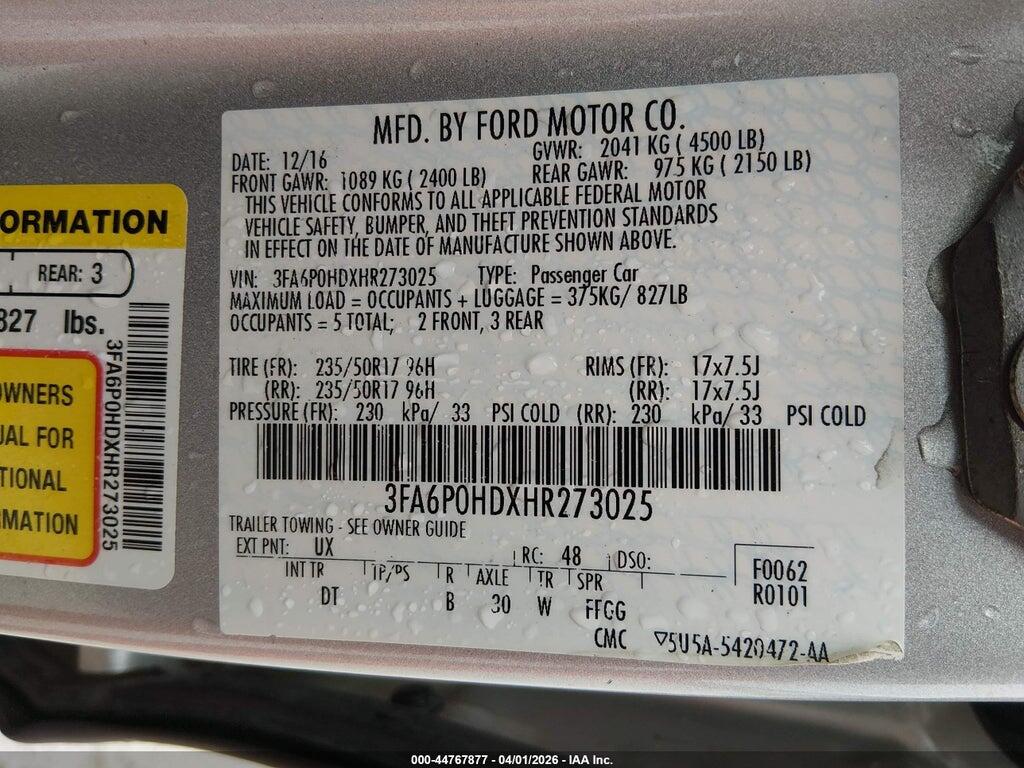 3FA6P0HDXHR273025 2017 FORD FUSION photo no. 9