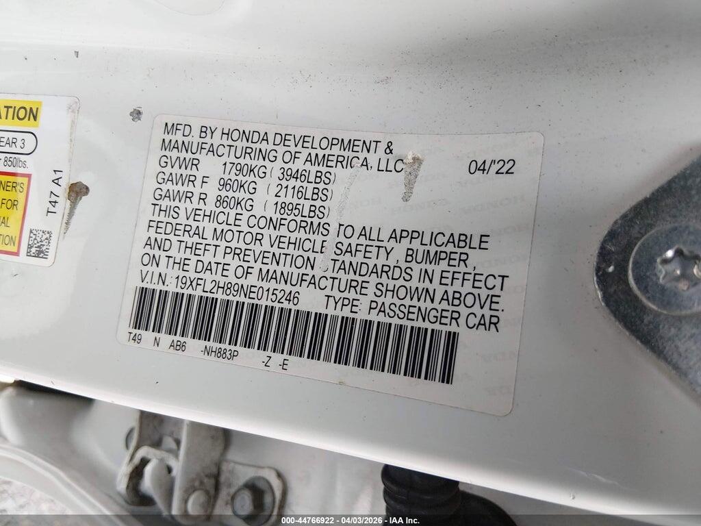 19XFL2H89NE015246 2022 HONDA CIVIC photo no. 9