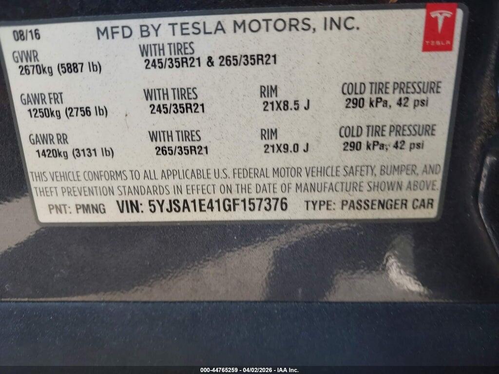 5YJSA1E41GF157376 2016 TESLA MODEL S photo no. 9