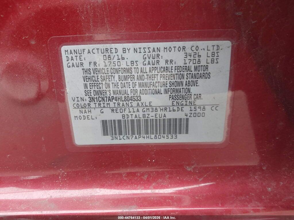 3N1CN7AP4HL804533 2017 NISSAN VERSA photo no. 9