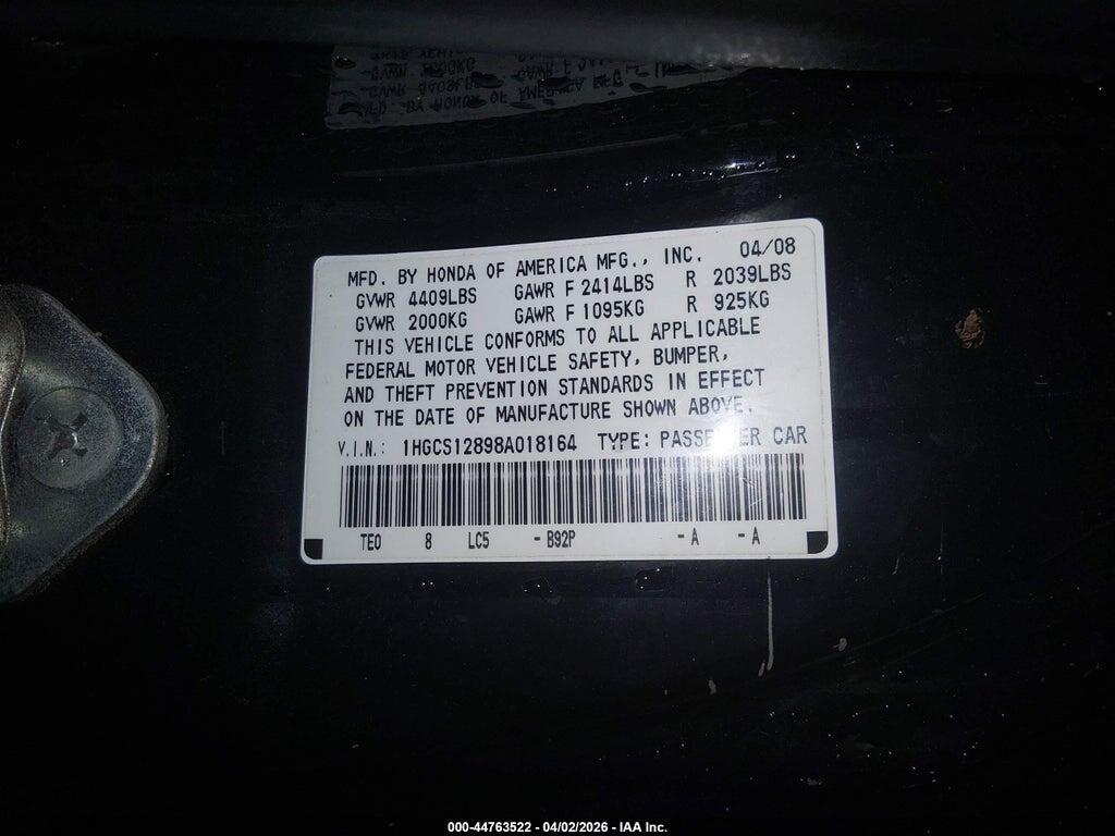 1HGCS12898A018164 2008 HONDA ACCORD photo no. 9