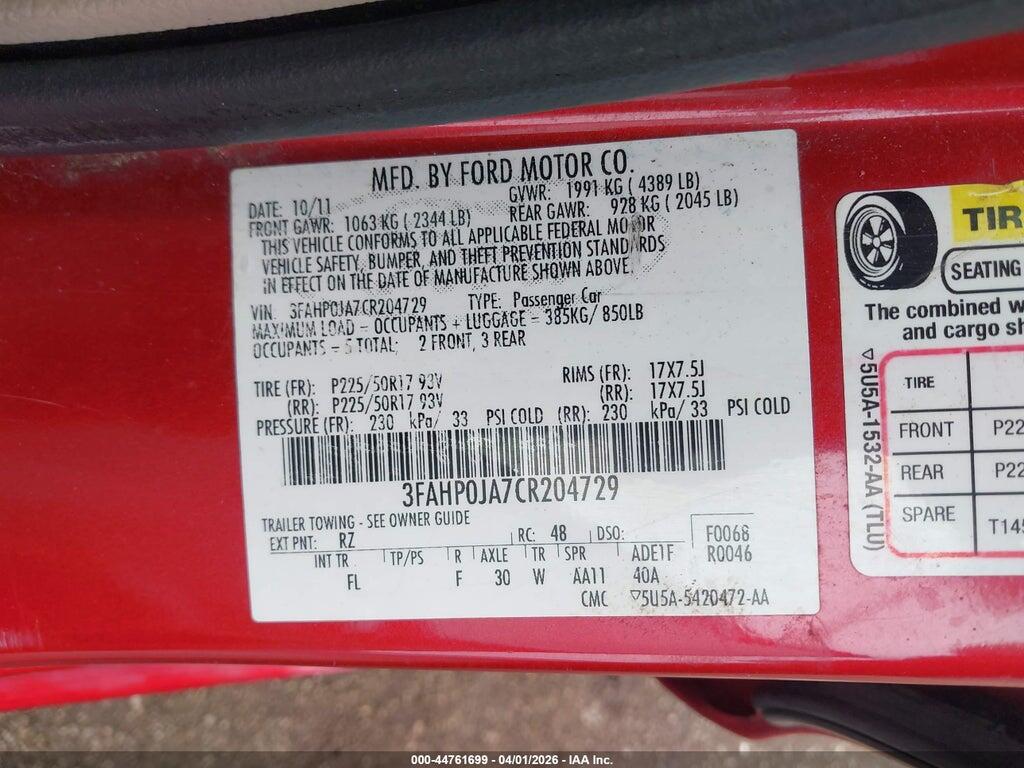 3FAHP0JA7CR204729 2012 FORD FUSION photo no. 9