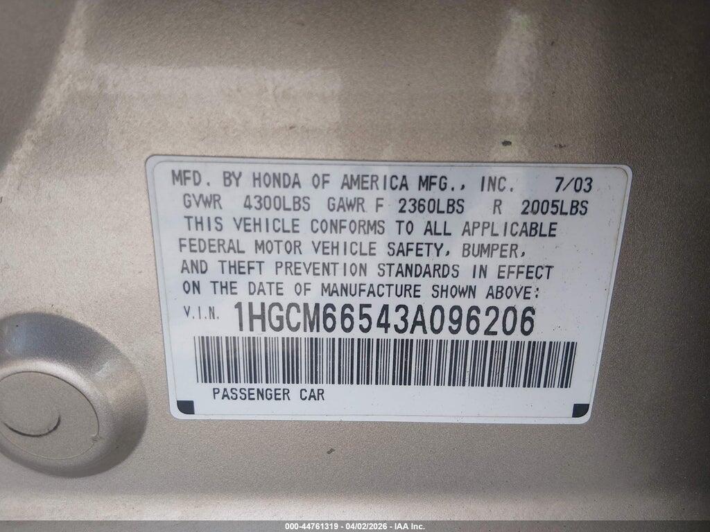 1HGCM66543A096206 2003 HONDA ACCORD photo no. 9