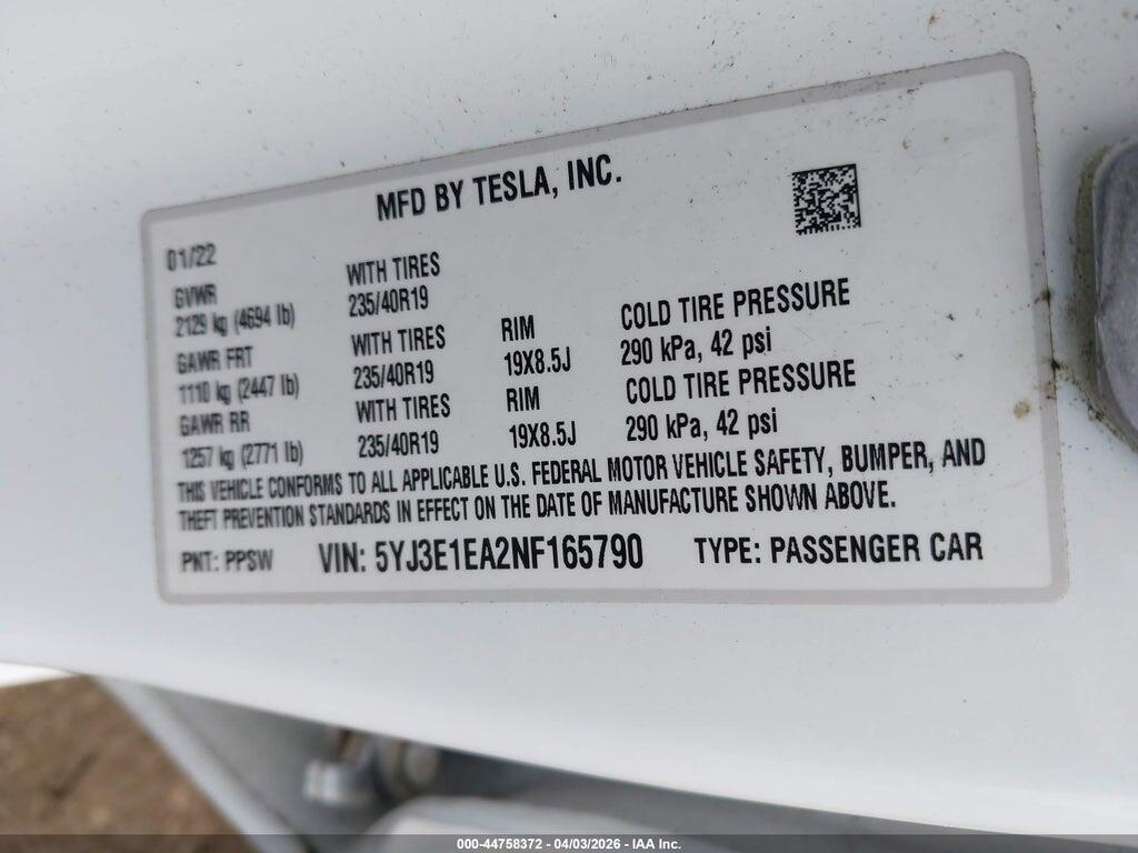 5YJ3E1EA2NF165790 2022 TESLA MODEL 3 photo no. 9