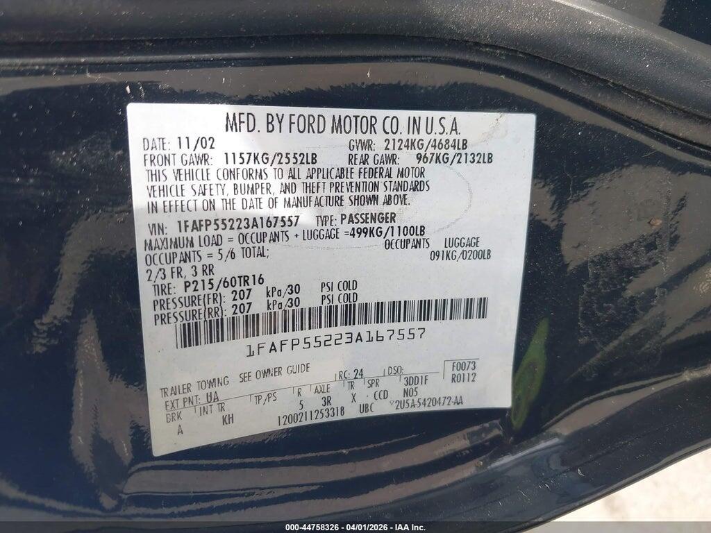 1FAFP55223A167557 2003 FORD TAURUS photo no. 9